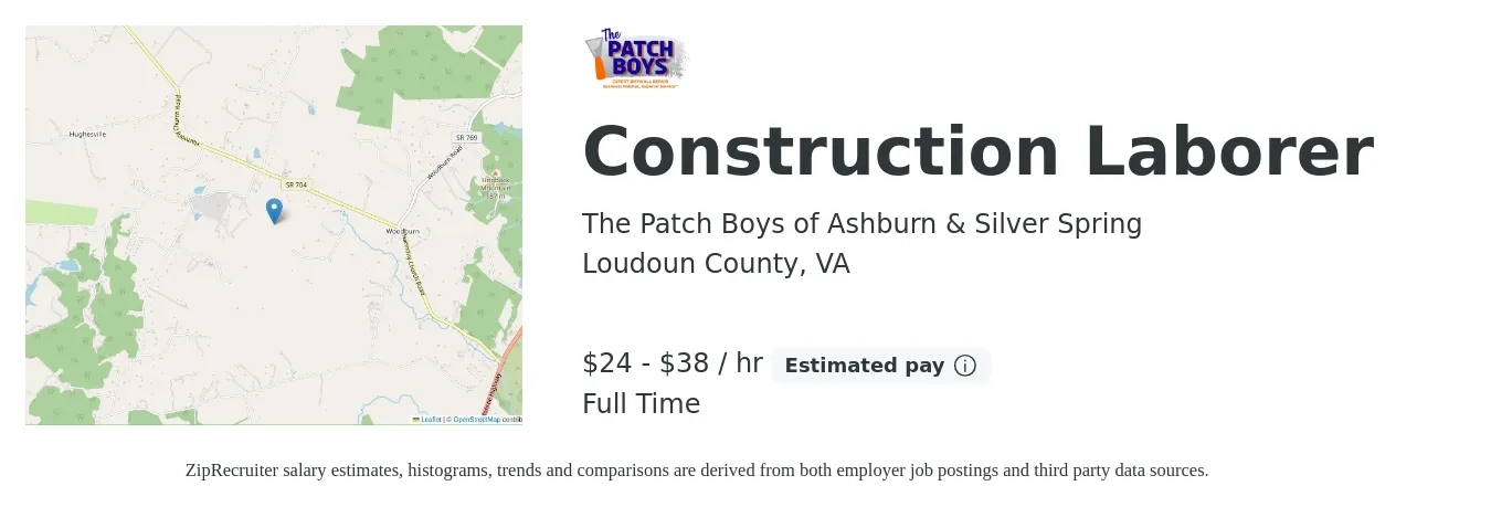 The Patch Boys of Ashburn & Silver Spring job posting for a Construction Laborer in Loudoun County, VA with a salary of $25 to $40 Hourly with a map of Loudoun County location.