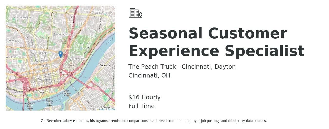The Peach Truck - Cincinnati, Dayton job posting for a Seasonal Customer Experience Specialist in Cincinnati, OH with a salary of $17 Hourly with a map of Cincinnati location.