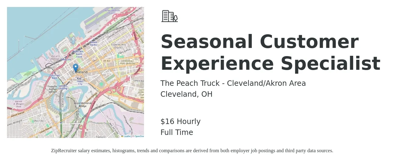 The Peach Truck - Cleveland/Akron Area job posting for a Seasonal Customer Experience Specialist in Cleveland, OH with a salary of $17 Hourly with a map of Cleveland location.
