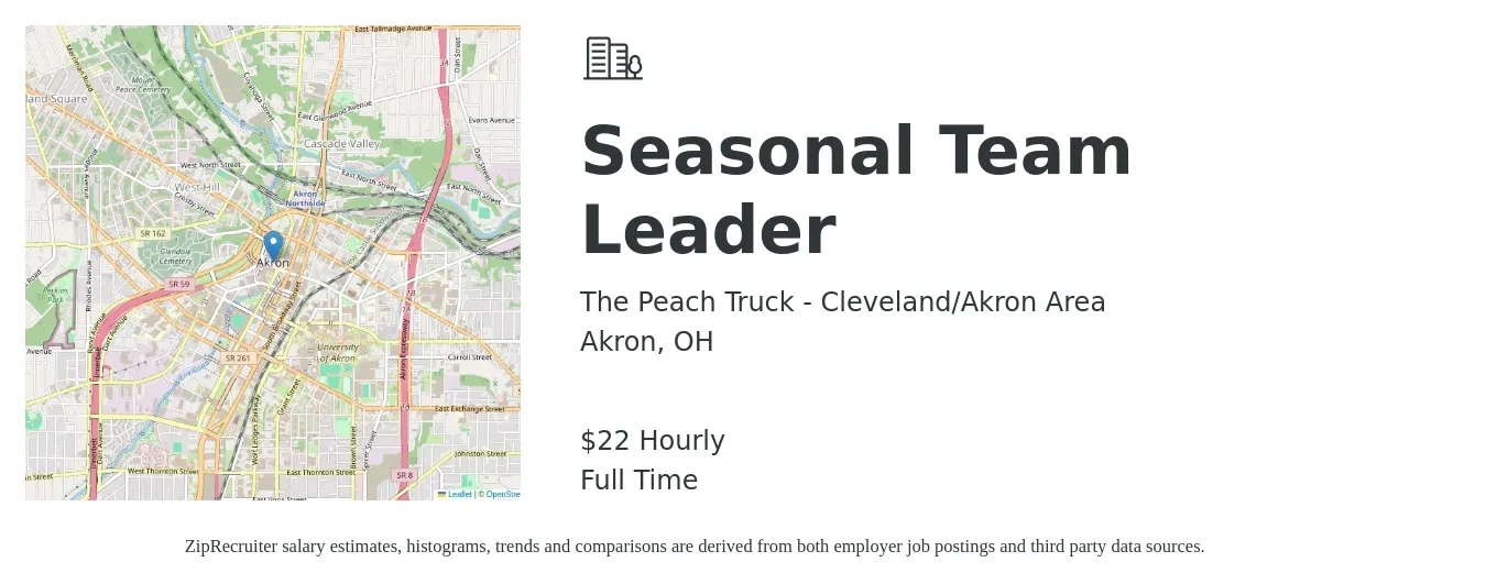 The Peach Truck - Cleveland/Akron Area job posting for a Seasonal Team Leader in Akron, OH with a salary of $23 Hourly with a map of Akron location.