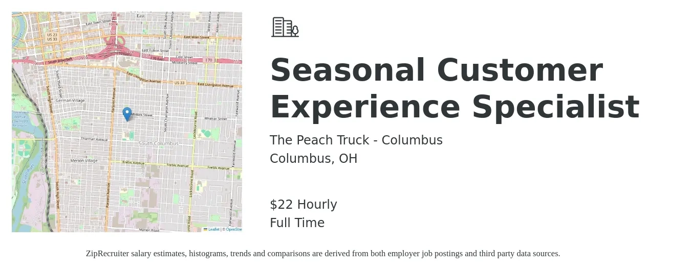 The Peach Truck - Columbus job posting for a Seasonal Customer Experience Specialist in Columbus, OH with a salary of $23 Hourly with a map of Columbus location.