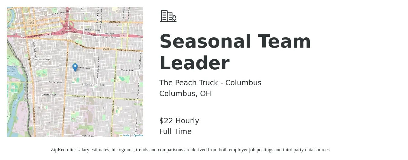 The Peach Truck - Columbus job posting for a Seasonal Team Leader in Columbus, OH with a salary of $23 Hourly with a map of Columbus location.