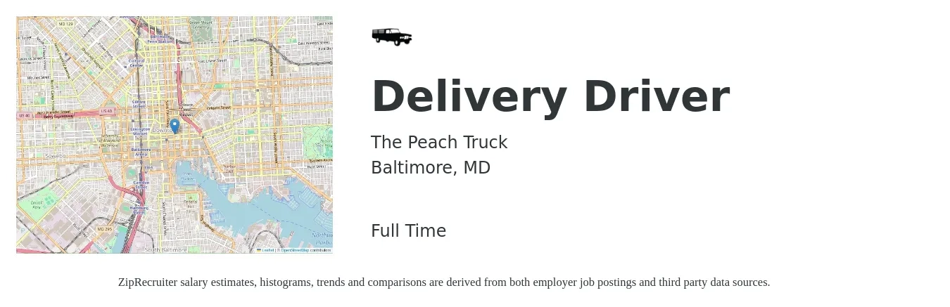 The Peach Truck job posting for a Delivery Driver in Baltimore, MD with a salary of $17 to $21 Hourly with a map of Baltimore location.