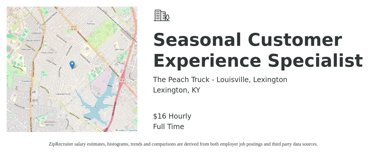 The Peach Truck - Louisville, Lexington job posting for a Seasonal Customer Experience Specialist in Lexington, KY with a salary of $17 Hourly with a map of Lexington location.