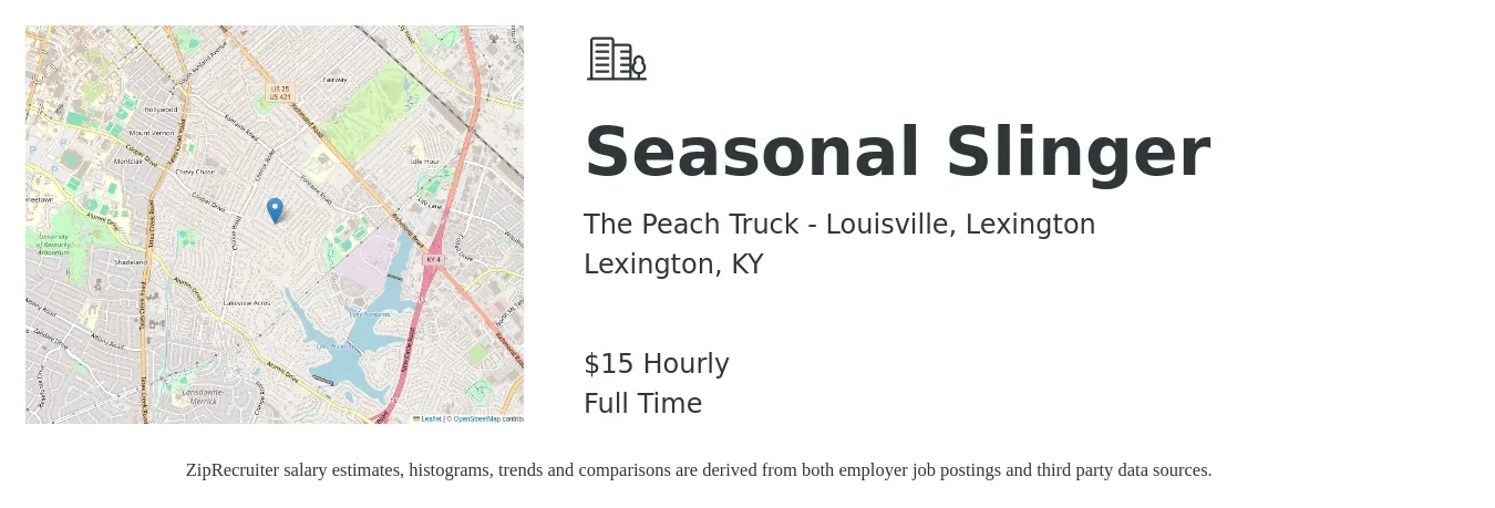 The Peach Truck - Louisville, Lexington job posting for a Seasonal Slinger in Lexington, KY with a salary of $16 Hourly with a map of Lexington location.