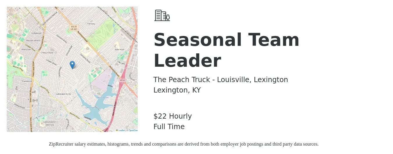 The Peach Truck - Louisville, Lexington job posting for a Seasonal Team Leader in Lexington, KY with a salary of $23 Hourly with a map of Lexington location.