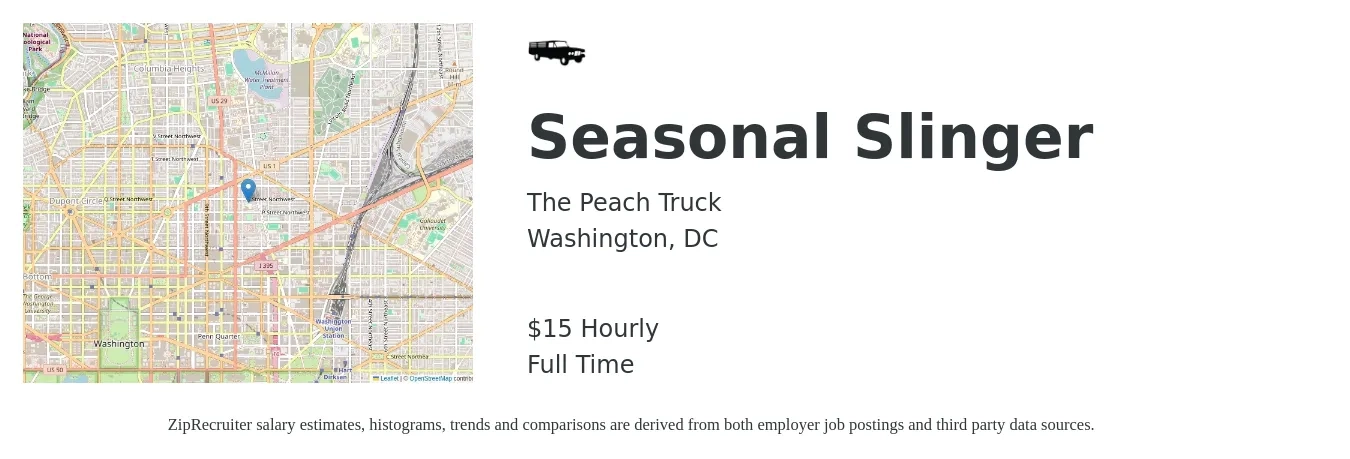 The Peach Truck job posting for a Seasonal Slinger in Washington, DC with a salary of $16 Hourly with a map of Washington location.