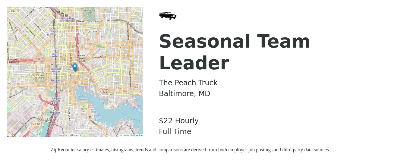 The Peach Truck job posting for a Seasonal Team Leader in Baltimore, MD with a salary of $23 Hourly with a map of Baltimore location.