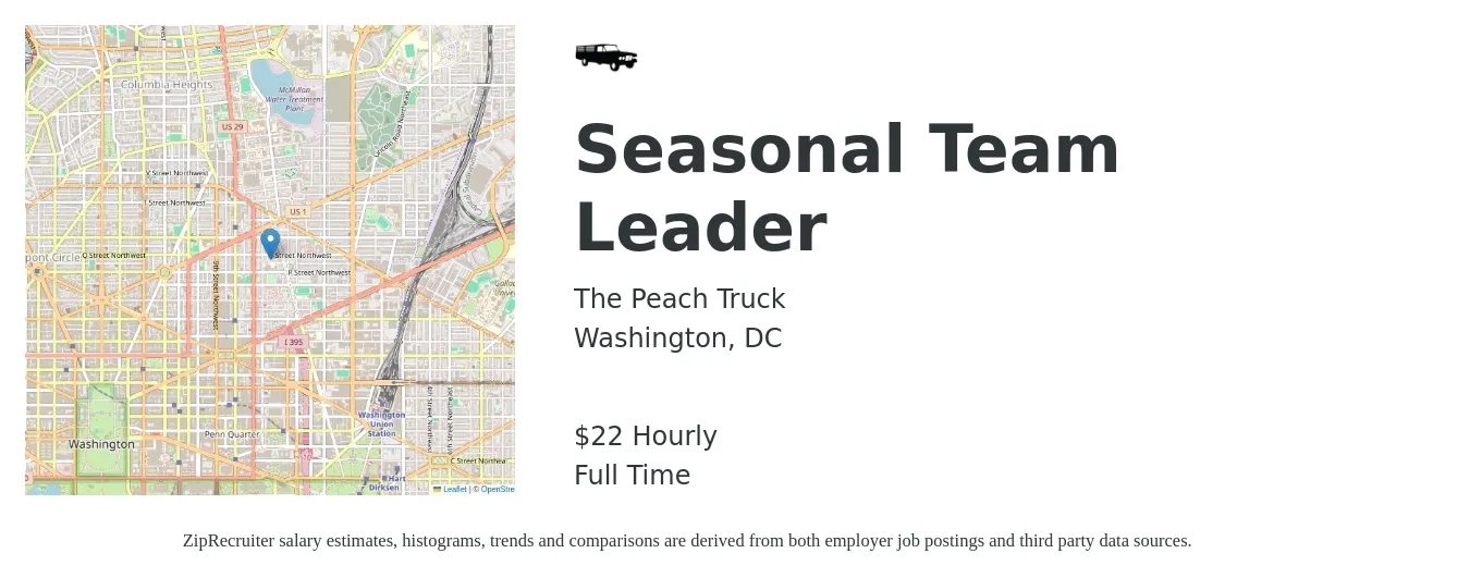 The Peach Truck job posting for a Seasonal Team Leader in Washington, DC with a salary of $23 Hourly with a map of Washington location.