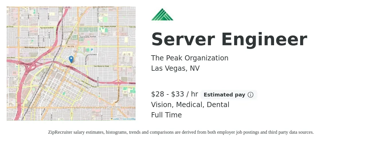 The Peak Organization job posting for a Server Engineer in Las Vegas, NV with a salary of $30 to $35 Hourly and benefits including dental, life_insurance, medical, pto, and vision with a map of Las Vegas location.