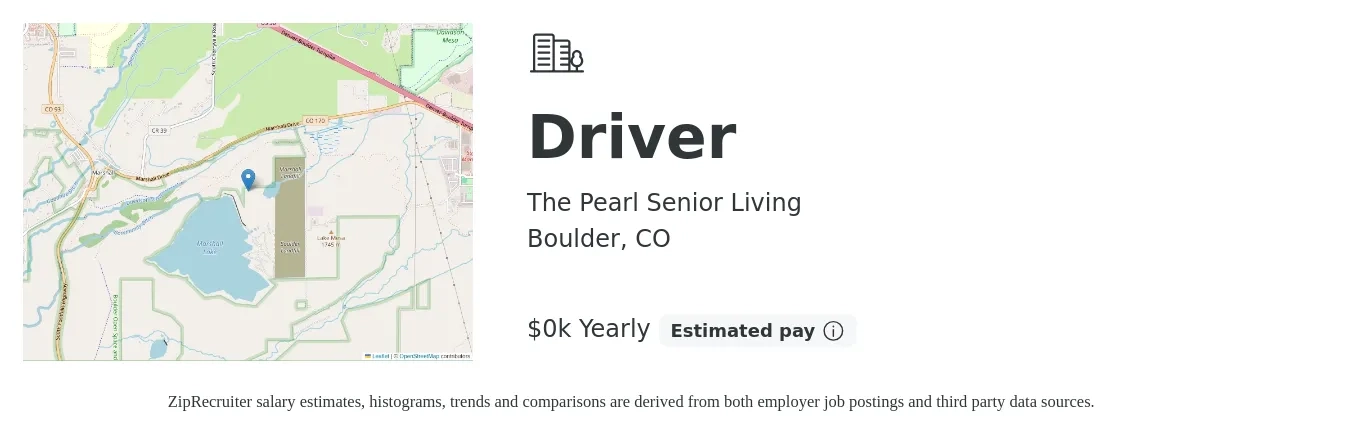 The Pearl Senior Living job posting for a Driver in Boulder, CO with a salary of $19 to $21 Yearly with a map of Boulder location.