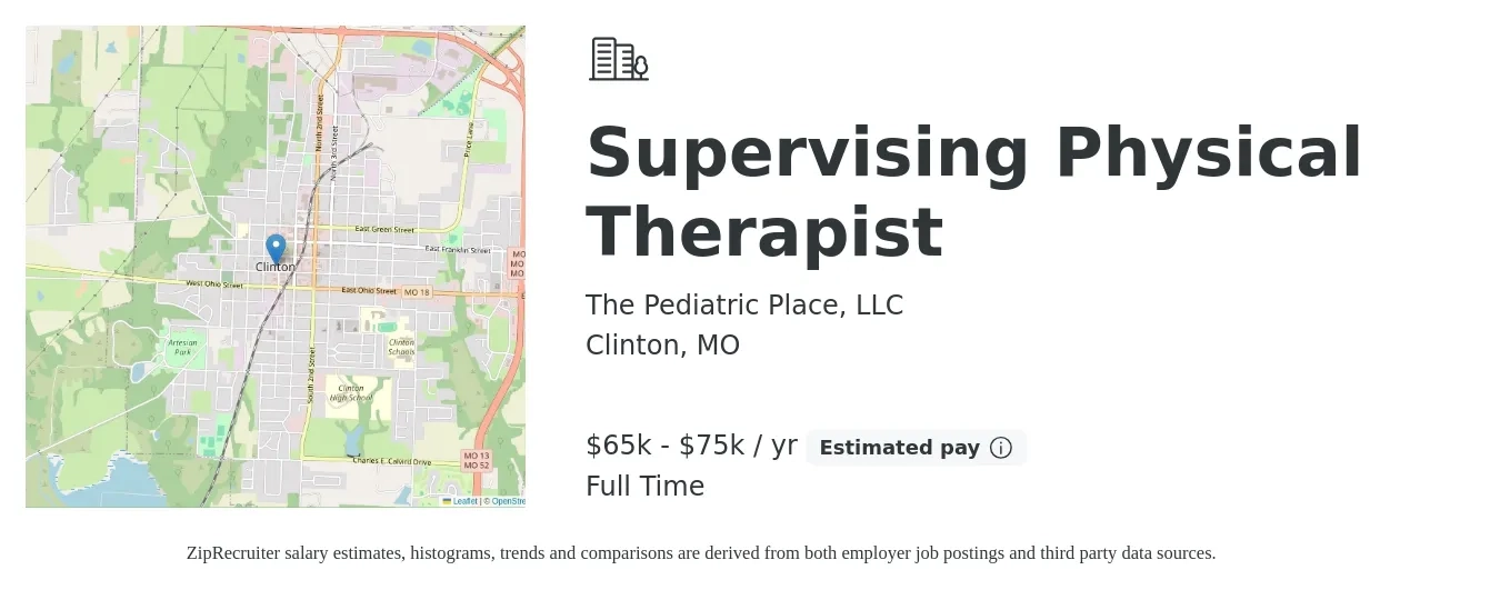 The Pediatric Place, LLC job posting for a Supervising Physical Therapist in Clinton, MO with a salary of $65,000 to $75,000 Yearly with a map of Clinton location.