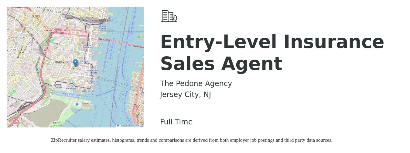The Pedone Agency job posting for a Entry-Level Insurance Sales Agent in Jersey City, NJ with a salary of $49,500 to $93,300 Yearly with a map of Jersey City location.