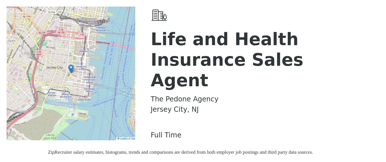 The Pedone Agency job posting for a Life And Health Insurance Sales Agent in Jersey City, NJ with a salary of $125,000 Yearly with a map of Jersey City location.