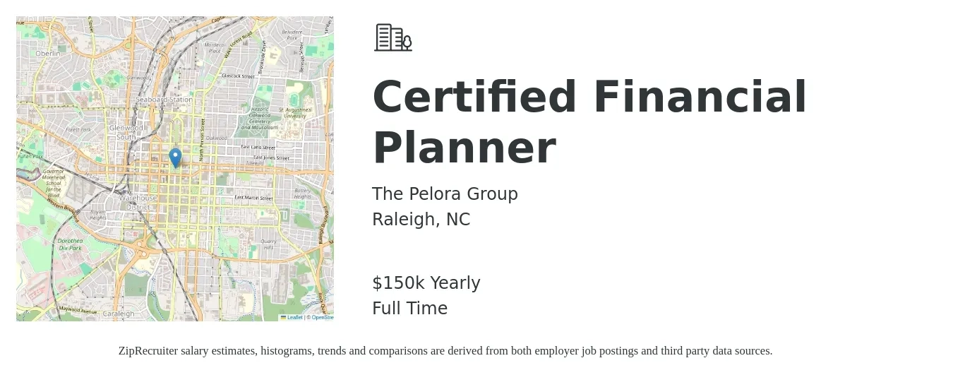The Pelora Group job posting for a Certified Financial Planner in Raleigh, NC with a salary of $350,000 Yearly with a map of Raleigh location.