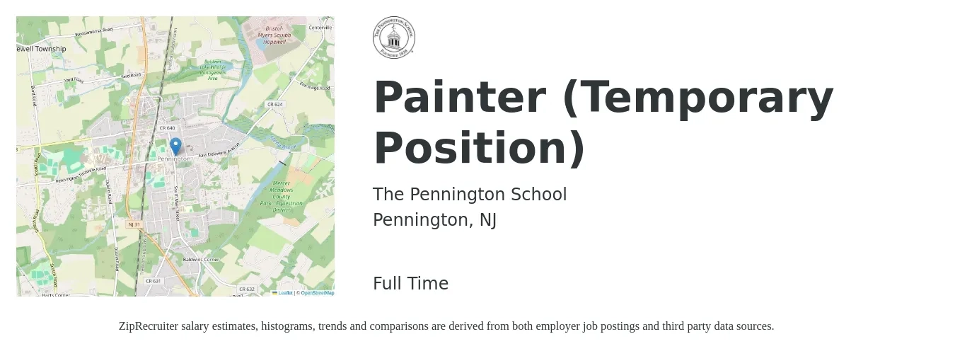 The Pennington School job posting for a Painter (Temporary Position) in Pennington, NJ with a salary of $18 to $25 Hourly with a map of Pennington location.