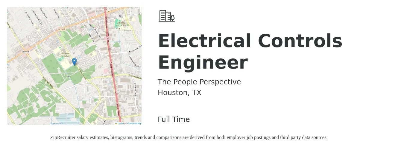 The People Perspective job posting for a Electrical Controls Engineer in Houston, TX with a salary of $76,400 to $102,100 Yearly with a map of Houston location.