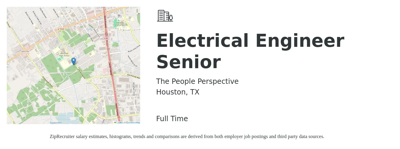 The People Perspective job posting for a Electrical Engineer Senior in Houston, TX with a salary of $102,600 to $133,600 Yearly with a map of Houston location.