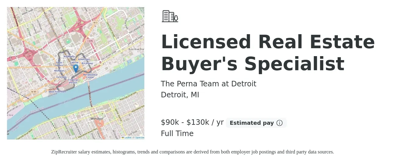 The Perna Team at Detroit job posting for a Licensed Real Estate Buyer'S Specialist in Detroit, MI with a salary of $90,000 to $130,000 Yearly with a map of Detroit location.