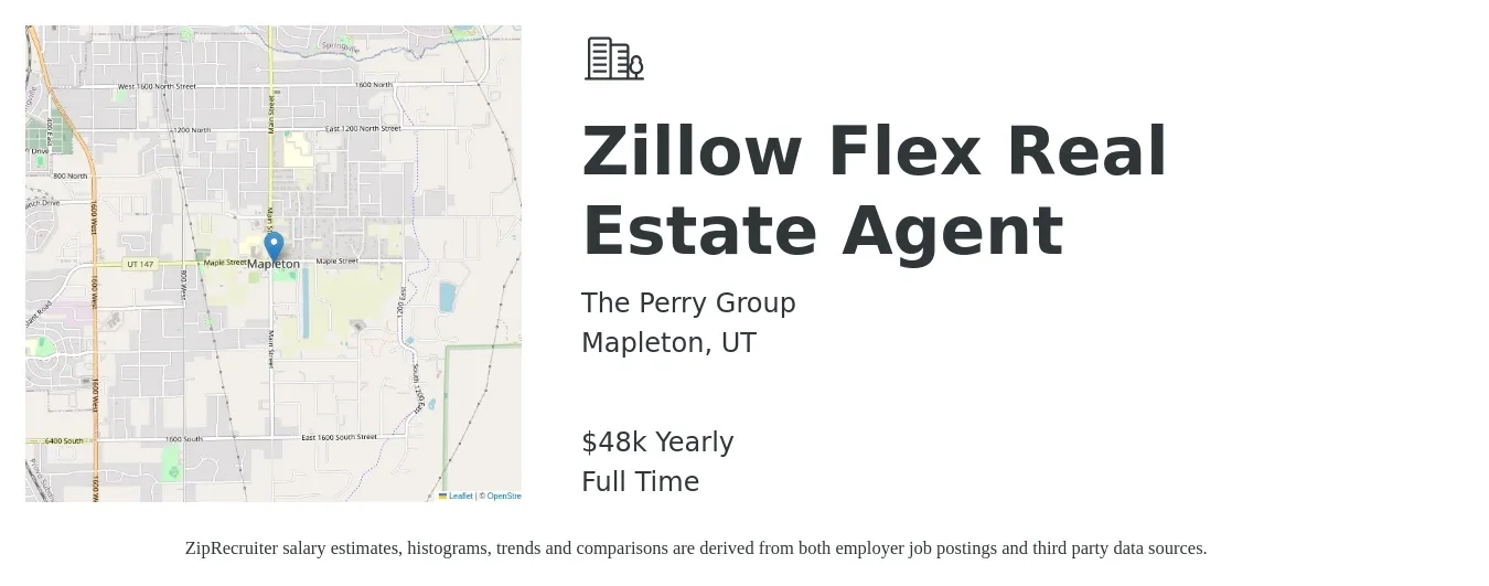 The Perry Group job posting for a Zillow Flex Real Estate Agent in Mapleton, UT with a salary of $48,227 Yearly with a map of Mapleton location.