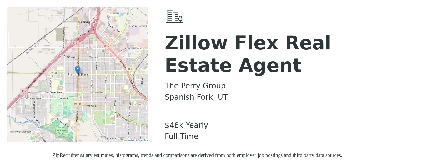 The Perry Group job posting for a Zillow Flex Real Estate Agent in Spanish Fork, UT with a salary of $48,227 Yearly with a map of Spanish Fork location.