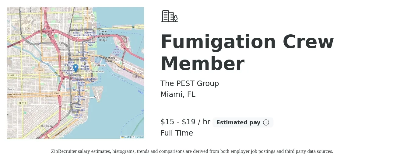 The PEST Group job posting for a Fumigation Crew Member in Miami, FL with a salary of $18 to $23 Hourly with a map of Miami location.
