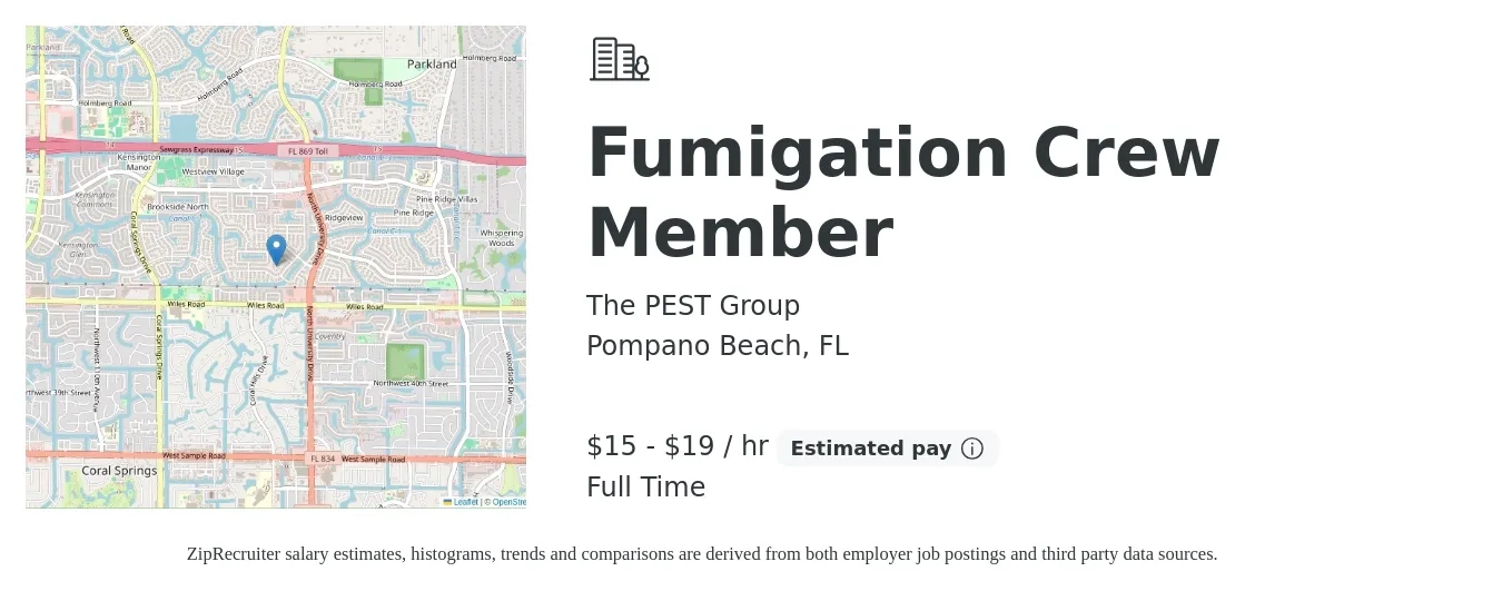 The PEST Group job posting for a Fumigation Crew Member in Pompano Beach, FL with a salary of $17 to $22 Hourly with a map of Pompano Beach location.