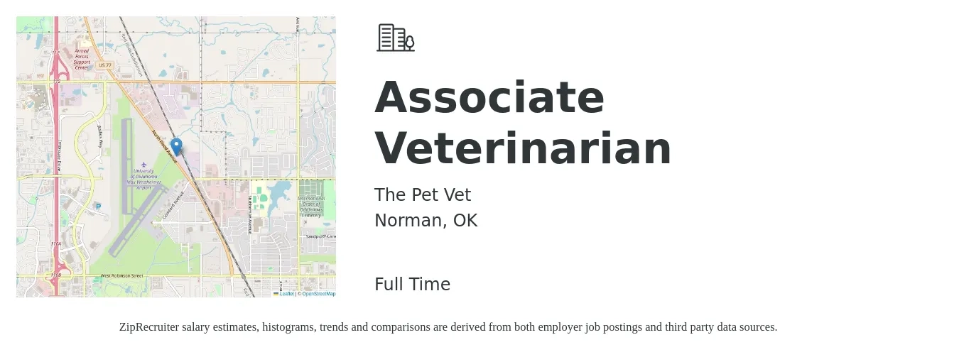The Pet Vet job posting for a Associate Veterinarian in Norman, OK with a salary of $89,500 to $144,600 Yearly with a map of Norman location.