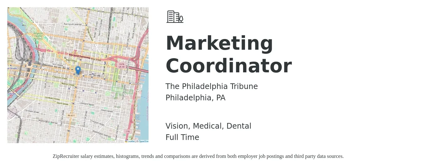 The Philadelphia Tribune job posting for a Marketing Coordinator in Philadelphia, PA with a salary of $42,900 to $59,000 Yearly and benefits including medical, pto, retirement, vision, dental, and life_insurance with a map of Philadelphia location.