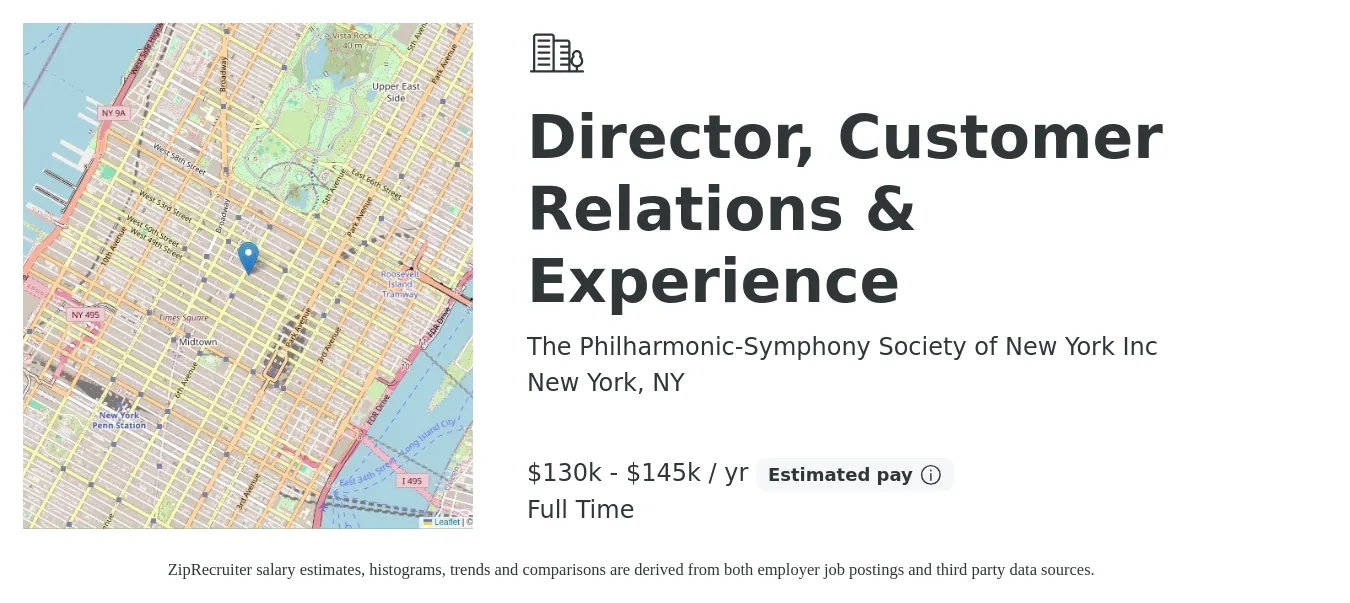 The Philharmonic-Symphony Society of New York Inc job posting for a Director, Customer Relations & Experience in New York, NY with a salary of $130,000 to $145,000 Yearly with a map of New York location.