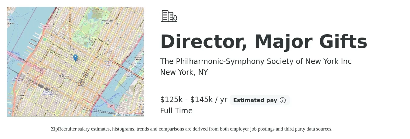 The Philharmonic-Symphony Society of New York Inc job posting for a Director, Major Gifts in New York, NY with a salary of $125,000 to $145,000 Yearly with a map of New York location.