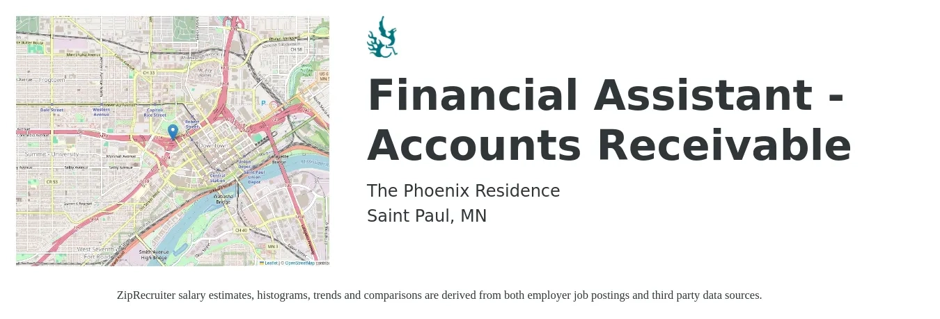 The Phoenix Residence job posting for a Financial Assistant - Accounts Receivable in Saint Paul, MN with a salary of $19 to $28 Hourly with a map of Saint Paul location.
