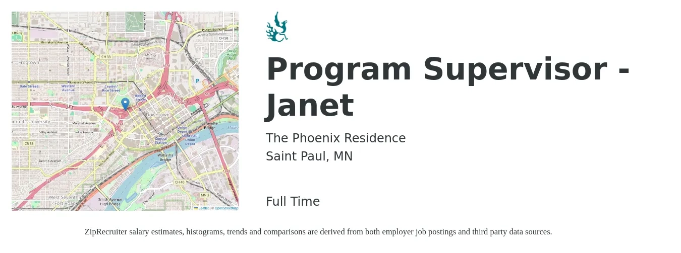 The Phoenix Residence job posting for a Program Supervisor - Janet in Saint Paul, MN with a salary of $18 to $30 Hourly with a map of Saint Paul location.