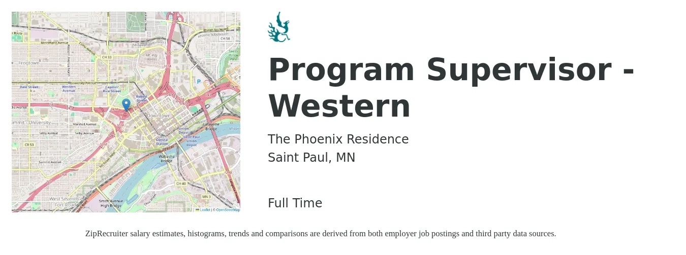 The Phoenix Residence job posting for a Program Supervisor - Western in Saint Paul, MN with a salary of $18 to $30 Hourly with a map of Saint Paul location.