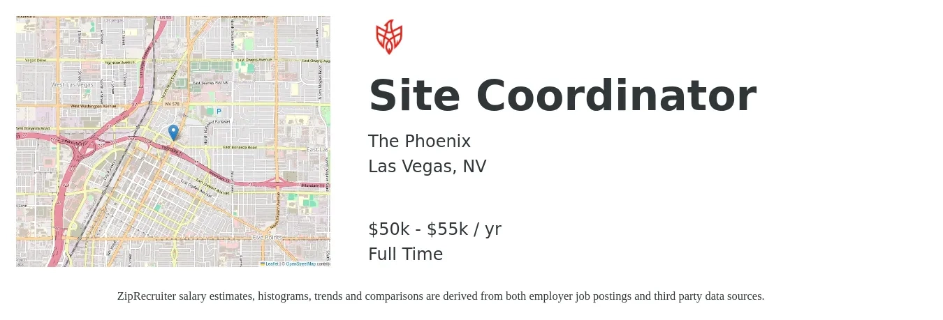 The Phoenix job posting for a Site Coordinator in Las Vegas, NV with a salary of $50,000 to $55,000 Yearly with a map of Las Vegas location.