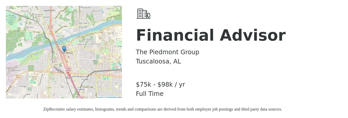 The Piedmont Group job posting for a Financial Advisor in Tuscaloosa, AL with a salary of $75,000 to $98,000 Yearly with a map of Tuscaloosa location.