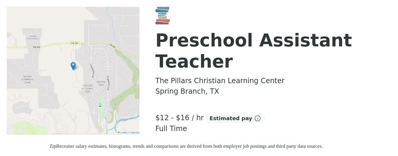 The Pillars Christian Learning Center job posting for a Preschool Assistant Teacher in Spring Branch, TX with a salary of $13 to $17 Hourly with a map of Spring Branch location.