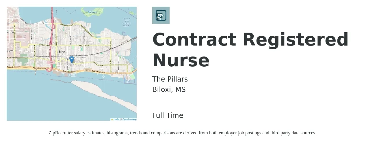 The Pillars job posting for a Contract Registered Nurse in Biloxi, MS with a salary of $31 to $48 Hourly with a map of Biloxi location.