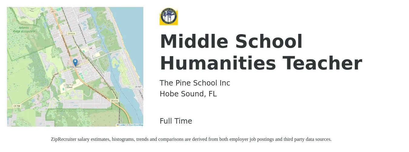 The Pine School Inc job posting for a Middle School Humanities Teacher in Hobe Sound, FL with a salary of $45,100 to $53,900 Yearly with a map of Hobe Sound location.