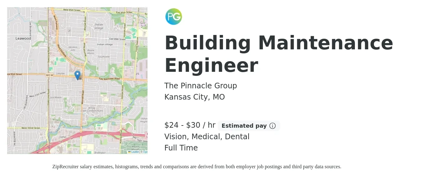 The Pinnacle Group job posting for a Building Maintenance Engineer in Kansas City, MO with a salary of $25 to $32 Hourly and benefits including medical, retirement, vision, dental, and life_insurance with a map of Kansas City location.