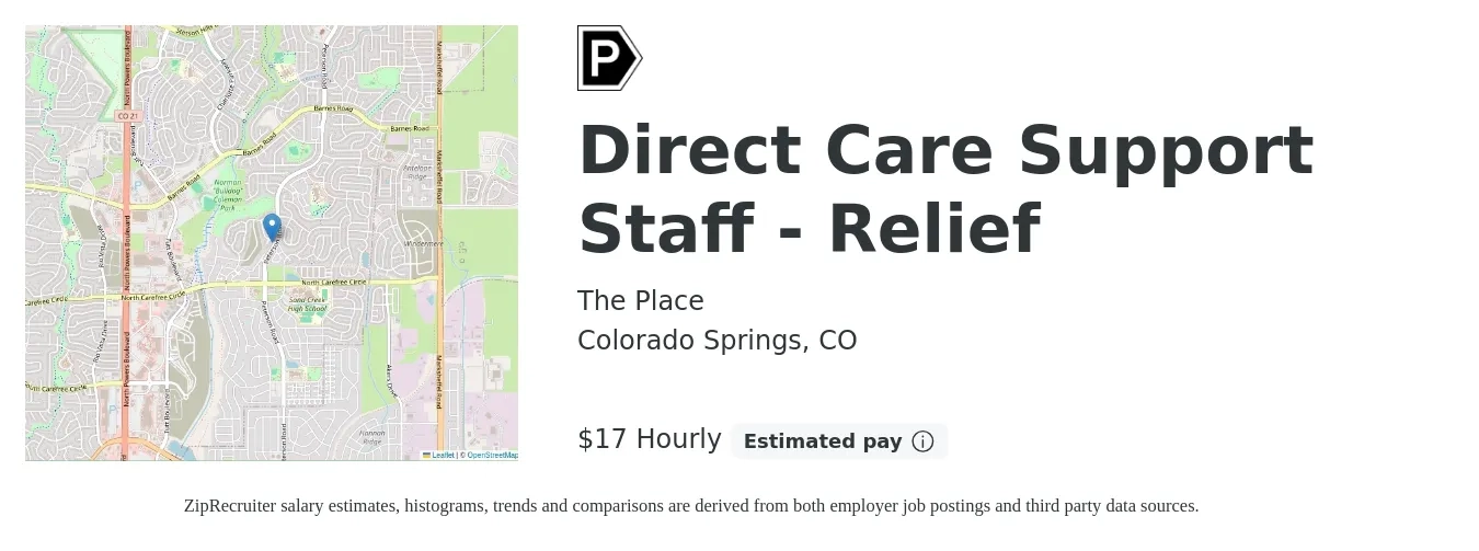 The Place job posting for a Direct Care Support Staff - Relief in Colorado Springs, CO with a salary of $18 Hourly with a map of Colorado Springs location.