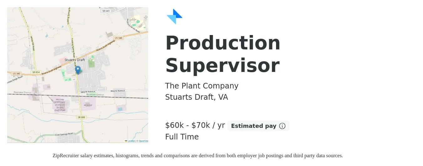 The Plant Company job posting for a Production Supervisor in Stuarts Draft, VA with a salary of $60,000 to $70,000 Yearly with a map of Stuarts Draft location.