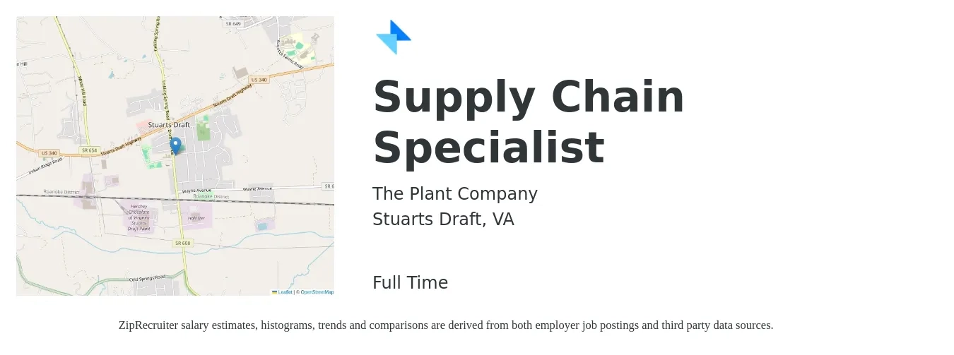 The Plant Company job posting for a Supply Chain Specialist in Stuarts Draft, VA with a salary of $20 to $25 Hourly with a map of Stuarts Draft location.