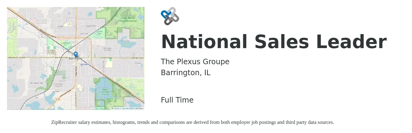 The Plexus Groupe job posting for a National Sales Leader in Barrington, IL with a salary of $99,500 to $137,300 Yearly with a map of Barrington location.