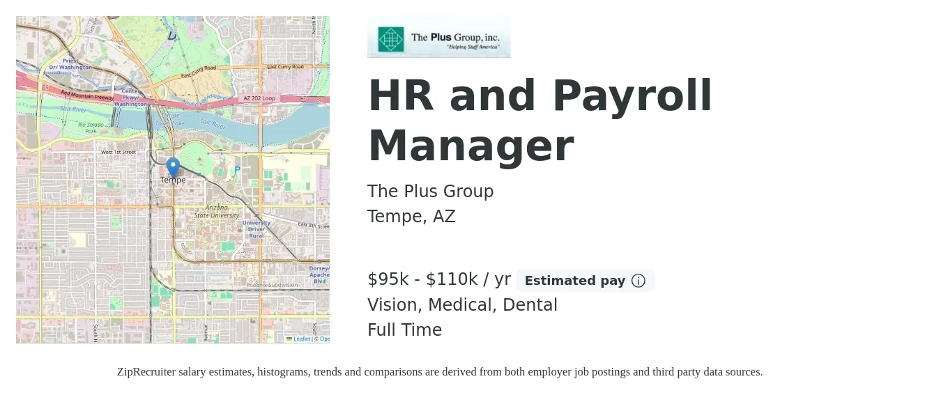The Plus Group job posting for a HR and Payroll Manager in Tempe, AZ with a salary of $95,000 to $110,000 Yearly and benefits including medical, pto, vision, dental, and life_insurance with a map of Tempe location.