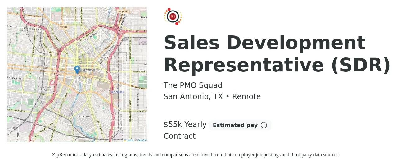 The PMO Squad job posting for a Sales Development Representative (SDR) in San Antonio, TX with a salary of $55,100 Yearly with a map of San Antonio location.