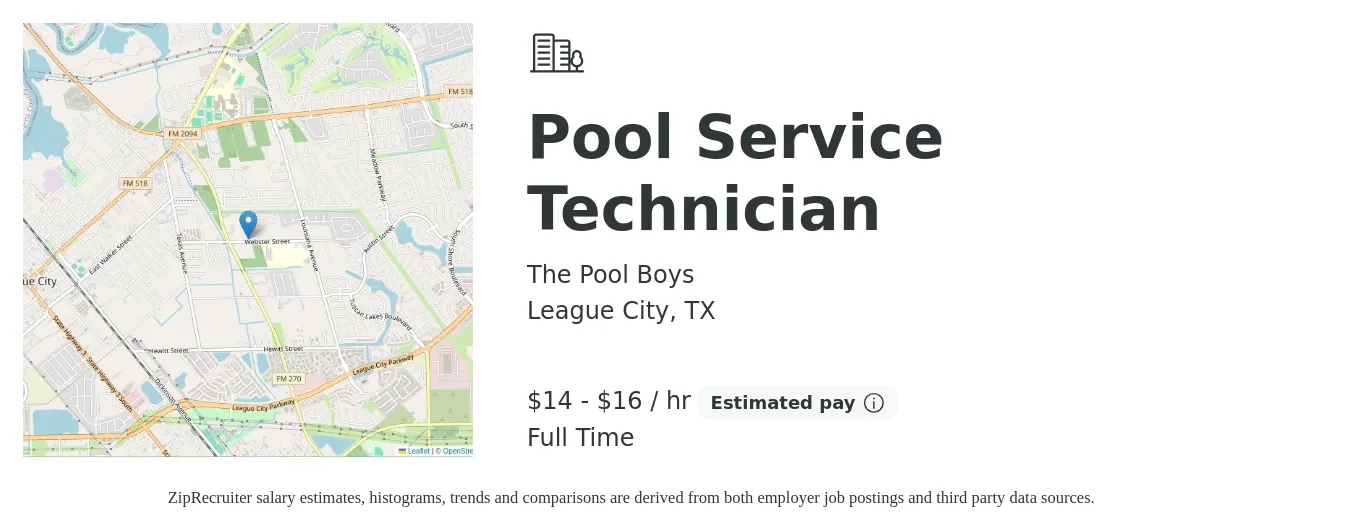The Pool Boys job posting for a Pool Service Technician in League City, TX with a salary of $15 to $20 Hourly with a map of League City location.