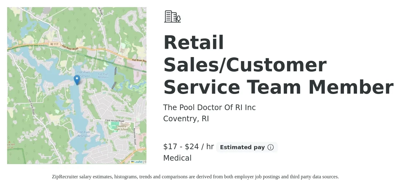 The Pool Doctor Of RI Inc job posting for a Retail Sales/Customer Service Team Member in Coventry, RI with a salary of $18 to $25 Hourly (plus commission) and benefits including pto, retirement, and medical with a map of Coventry location.