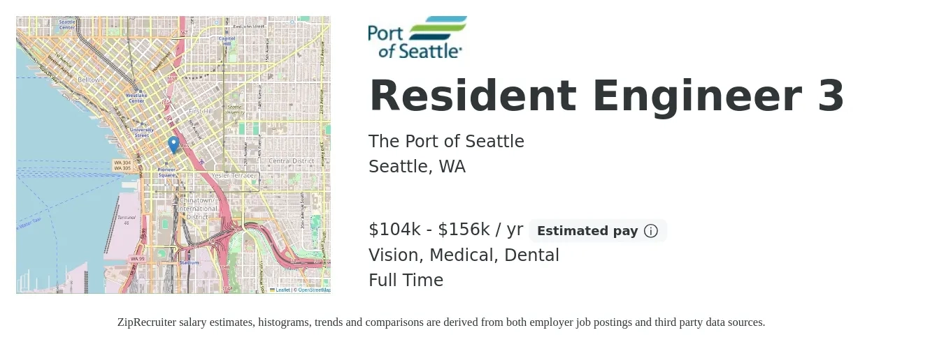 Port of Seattle job posting for a Resident Engineer 3 in Seattle, WA with a salary of $104,603 to $156,894 Yearly and benefits including dental, life_insurance, medical, pto, retirement, and vision with a map of Seattle location.