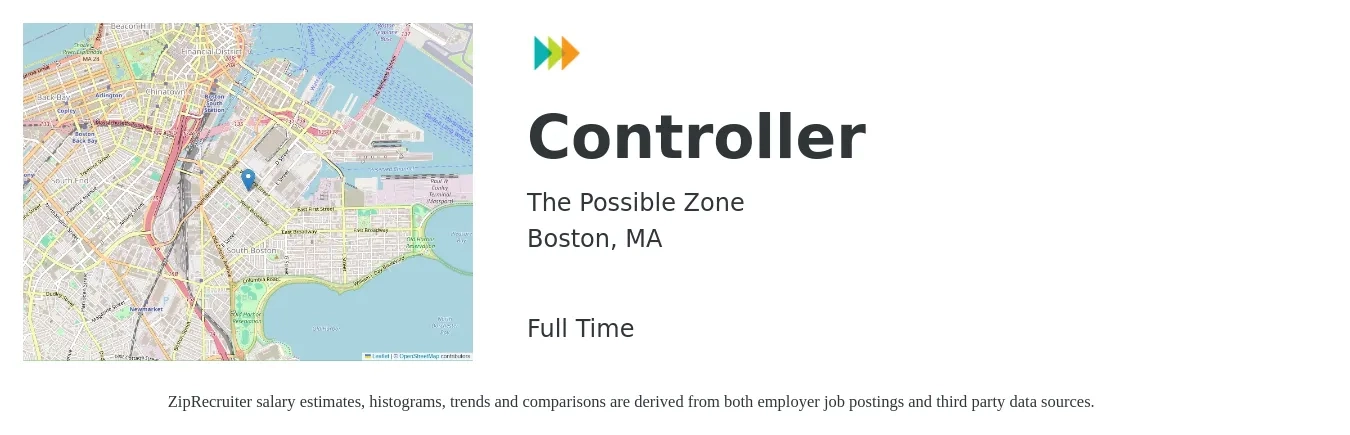 The Possible Zone job posting for a Controller in Boston, MA with a salary of $110,000 to $125,000 Yearly with a map of Boston location.